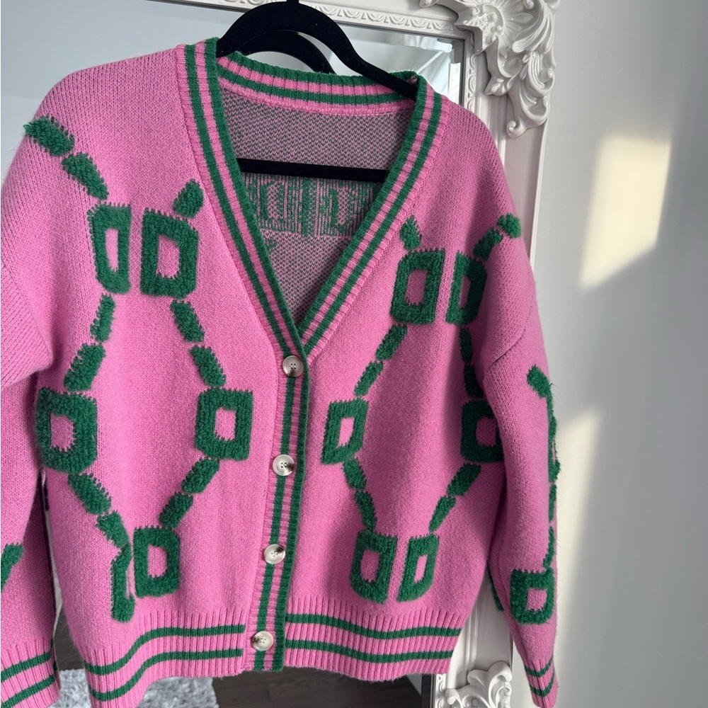 Pink and Green Geometric Pattern Sweater